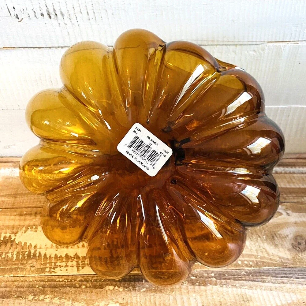 Vintage Blown Amber Glass Pumpkin Candle Holder Poland 10